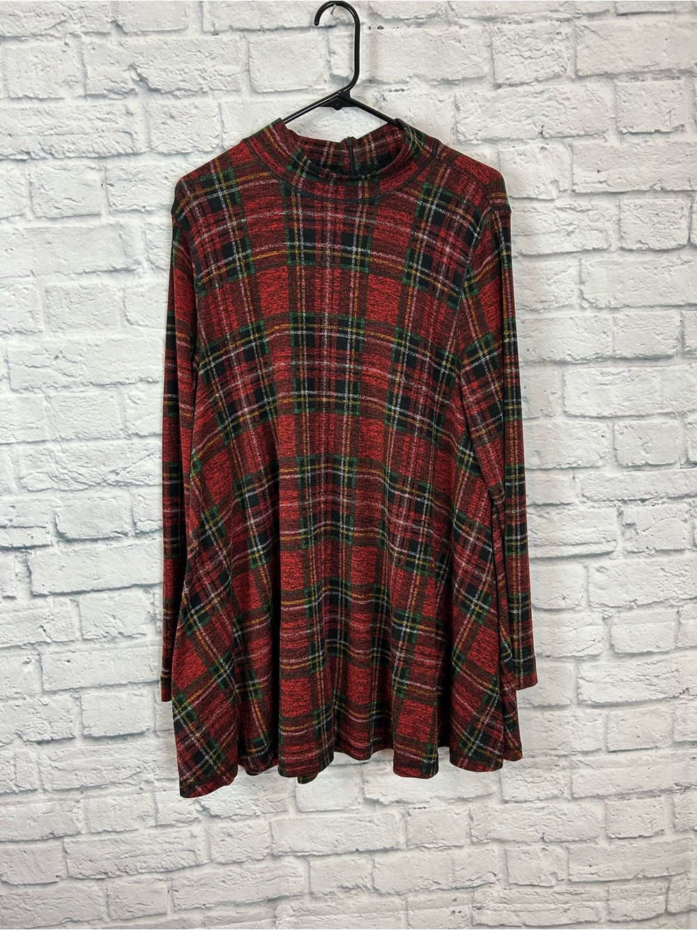 John Mark Red Tartan Plaid Swing Tunic Top Size L Mock Neck Holiday Stretch